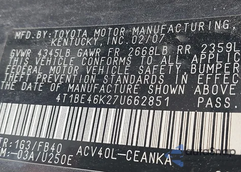 2007 Toyota Camry Le из США, поврежденный, VIN 4T1BE46K27U662851